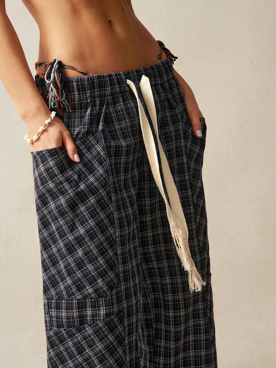 Bohemela 大码女式休闲宽松口袋抽绳阔腿裤 - 黑色 - 查看 1