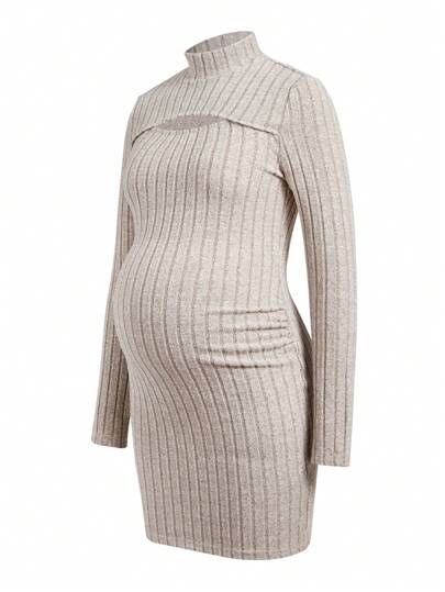 SHEIN 孕妇秋冬款黑色宽罗纹镂空立领长袖紧身连衣裙