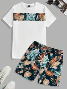 EASEVO Ensemble t-shirt col ras-du-cou à manches courtes imprimé et short pour homme grande taille