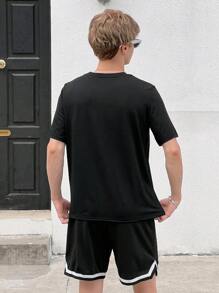 SHEIN Leap Crew Teen Boy Casual English Print Short Sleeve T-Shirt With Patchwork Woven Belt Shorts 2pcs Outfit Set - Black - View 2