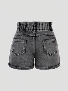 SHEIN Shorts vaqueros sueltos con cordón en la cintura para niñas preadolescentes, pantalones cortos de mezclilla con estilo casual y lavado de moda tipo streetwear