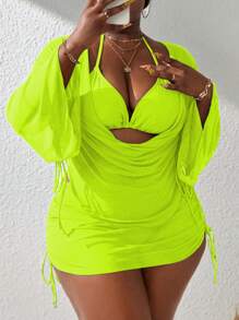 Slaydiva Bộ đồ bơi Tankini cỡ lớn 4 món, bao gồm áo ngực hở lưng, quần tam giác, áo choàng dài tay và váy - Màu vàng - Xem 1