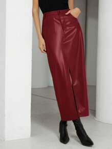 Aveloria Modichic 女士 PU 皮革中长裙，纯色开叉 A 字裙，简约时尚 - 紅色 - 查看 5