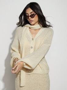 COSMINA Women's Casual Solid Color Dropped Shoulder Lantern Sleeve Cardigan - Apricot - View 4