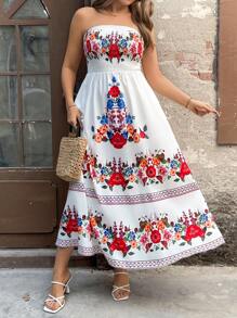 Breezaya Plus Size Women's Hot Selling Shirred Boho Style Floral Pattern Waist Cinched Flared Hem Romantic Vacation Beach Holiday Elegant Sundress, Spring/Summer