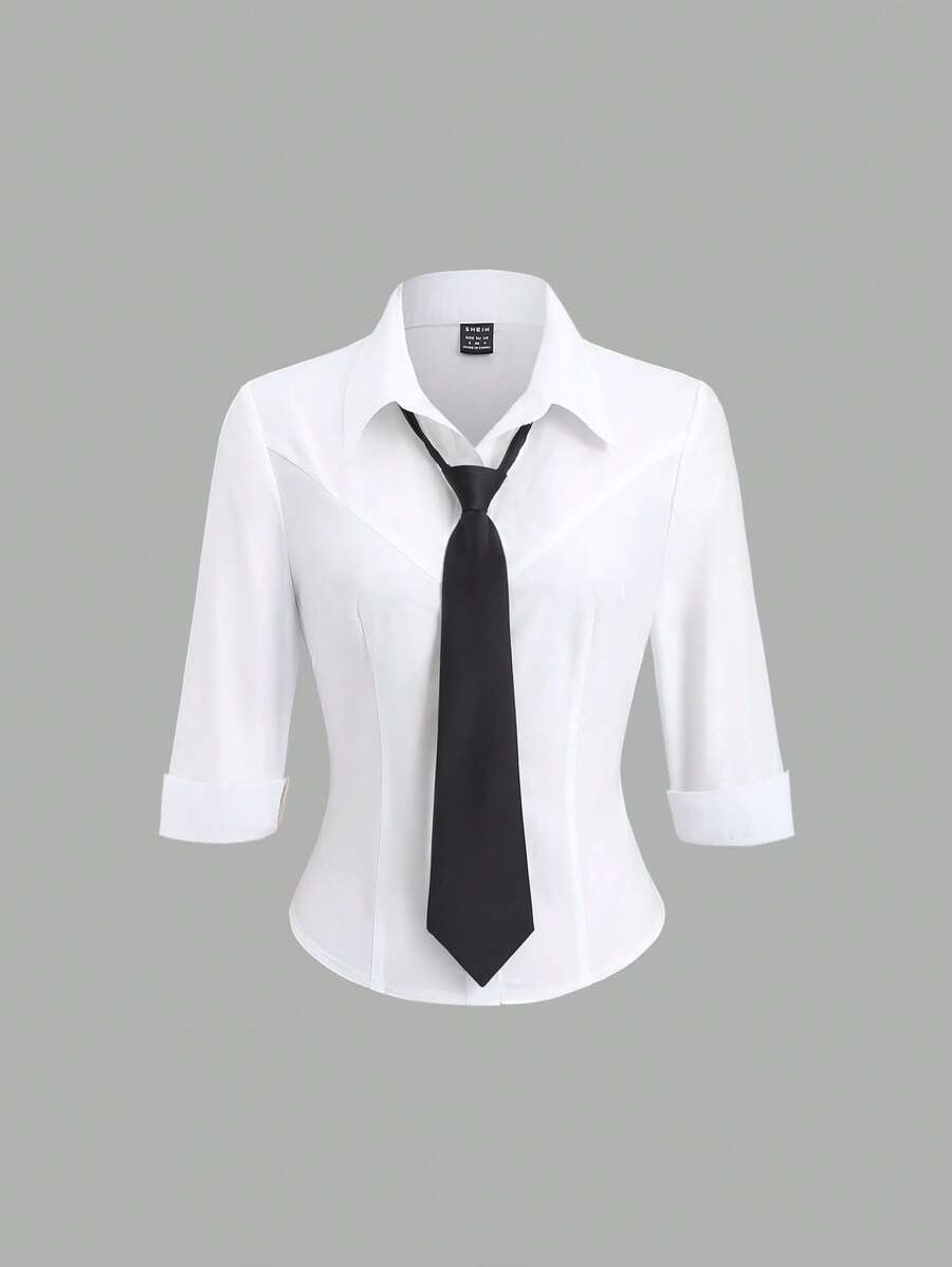 Sweetra 女士商务休闲时尚衬衫，配领带，合身腰部，3/4 袖，百搭办公室服装 - 白色 - 查看 1