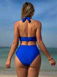 Swim Lushoire Women's Blue Front Twist Pleated 2 Pieces Shorts Set, Beach Vacation Outfit