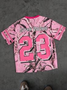 青少年女孩街头分层篮球球衣时髦美国嘻哈宽松粉色迷彩 V 领网眼印花 23 个数字短袖 T 恤 - 玫紅色 - 查看 2