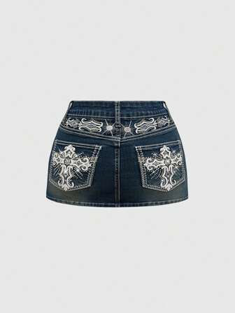 ROMWE Grunge Punk Minifalda vaquera de talla grande con cruce bordado con alas y brillo en estilo vintage Y2K