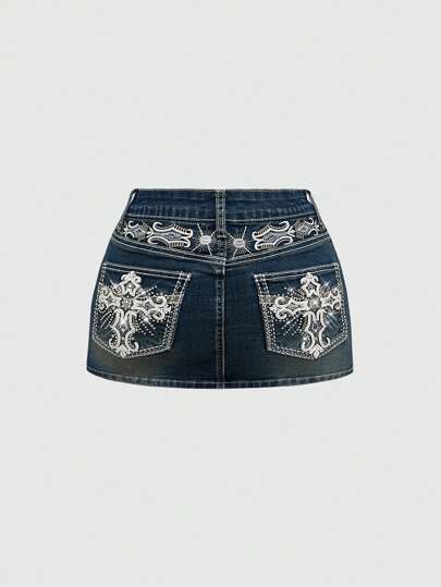 Grunge Punk Y2K Vintage Bling Taschenschlitz Kreuz-Flügel Stickerei Figurbetonter Minirock aus Denim in Große Größen