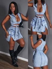 Slaydiva Women's Deep V-Neck Tied Waist Cargo Pocket Sleeveless Sexy Denim Overall Dress - Blue - View 2