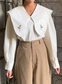 DAZY Floral Embroidery Statement Collar Lantern Sleeve Blouse Long Sleeve Top