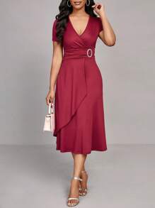 Lyxana Women's Solid Color Overlapping V-Neck Short Sleeve Ruched Elegant Dress