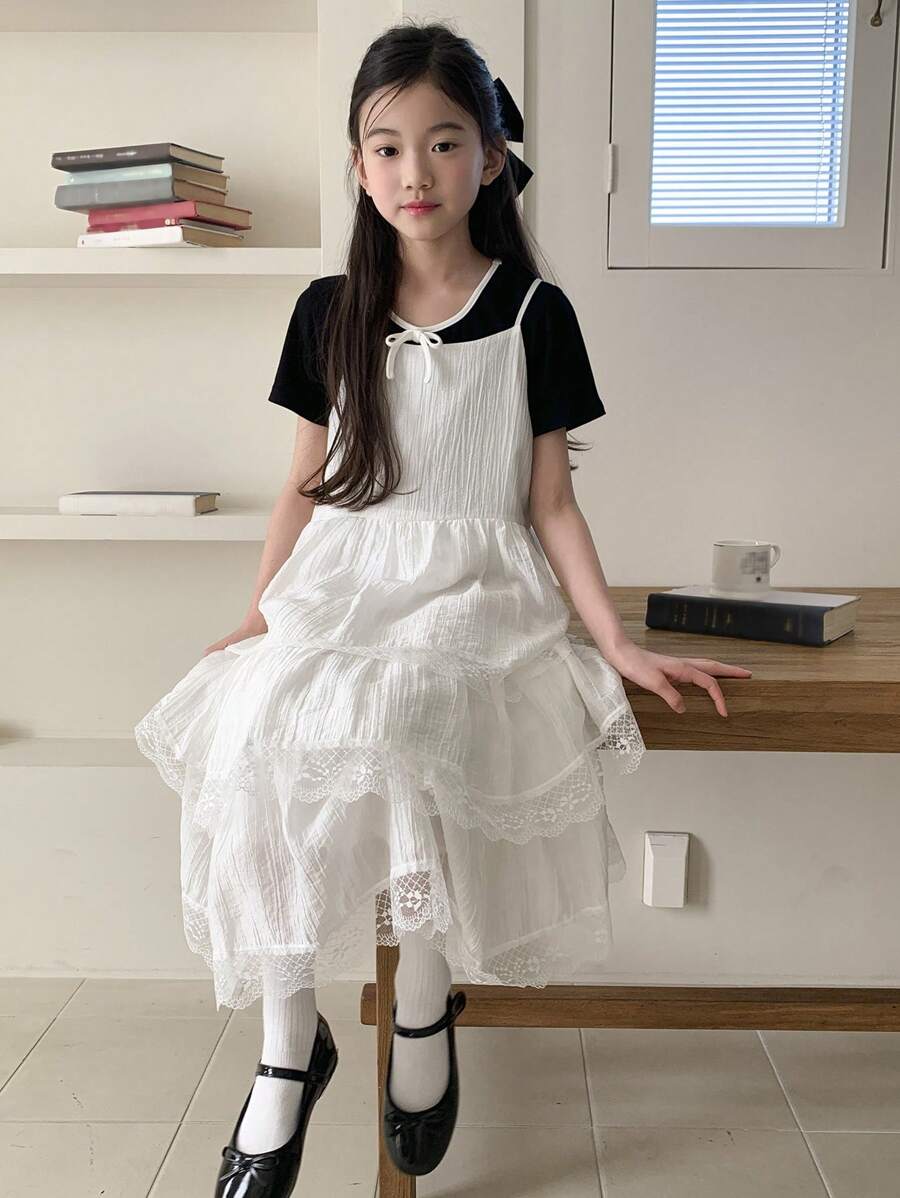 DAZY 青少年女孩纯色撞色蕾丝荷叶边下摆连体连衣裙，女孩夏季服装，返校服装 - 白色 - 查看 1