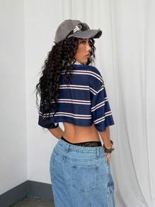 StreetHx 女式修身条纹撞色 Polo 领 T 恤，春/秋