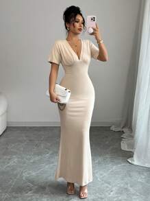 Elenzga Elegant French Style V-Neck Ruched Raglan Sleeve Romantic Mermaid Hem Dress - Apricot - View 1