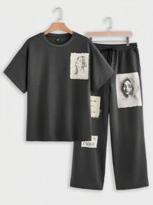 Manfinity VCAY 2 件套男士针织休闲宽松短袖 T 恤和松紧腰直筒裤套装 - 灰色 - 查看 1