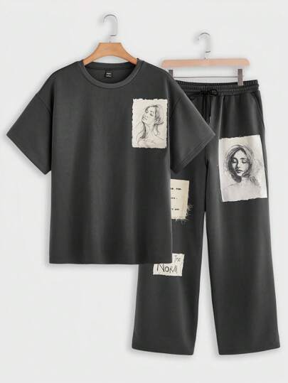 Manfinity VCAY 2 件套男士针织休闲宽松短袖 T 恤和松紧腰直筒裤套装