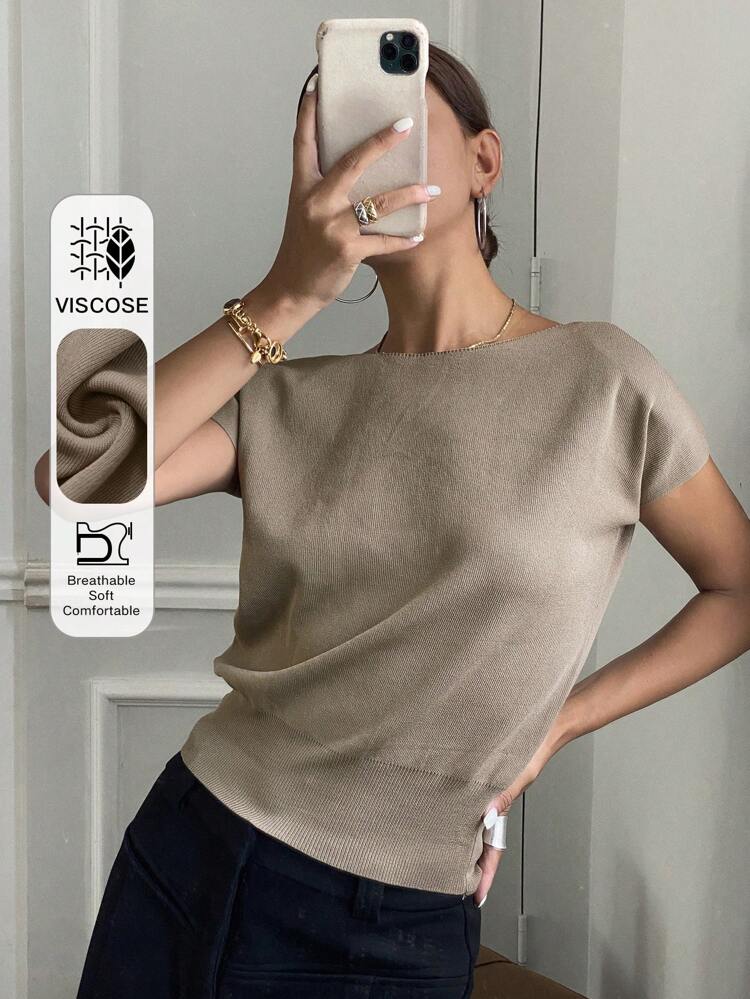 Solid Color Slim Fit Short Sleeve Knitted Top For Women Summer,Teacher Outfits