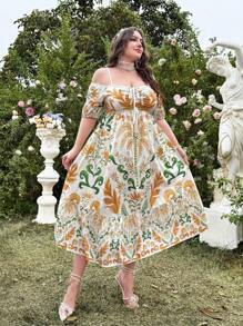 Flirla Plus Size Elegant Off Shoulder Waist Cinched Long Dress, For Spring/Summer, Vacation Wear
