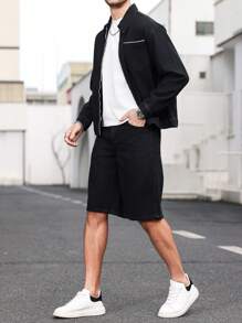 Manfinity Homme Men's Denim Set With Zip Up Jacket & Shorts, Minimalist & Fashionable, Suitable For Summer - Black - View 5