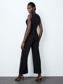 SHEIN ChicEase Mono elegante y a la moda de mujer con cintura marcada y botones metálicos cruzados - Negro - Ver 2