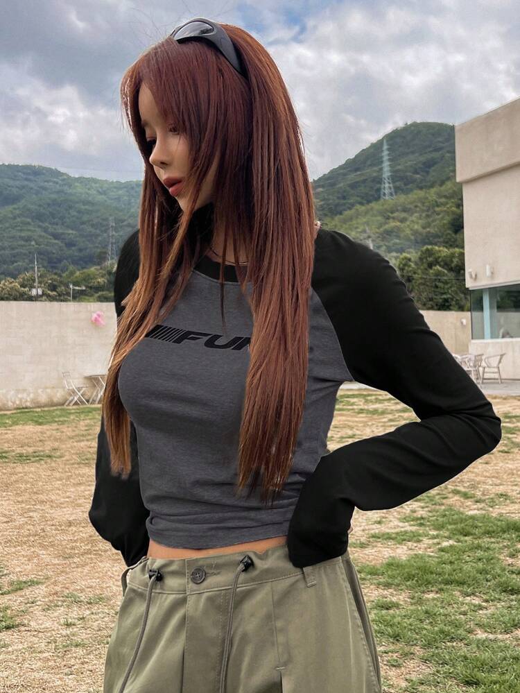 Letter Graphic Raglan Sleeve Crop Tee,Fall Clothes Long Sleeve Women Tops