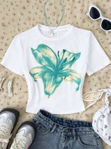 SHEIN Leap Crew 少女针织纯色花卉印花短袖T恤，适合街头、校园、运动、家居服、春夏季