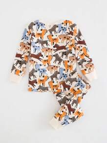 Cozy Pixies 2 件装男婴贴身动物印花针织柔软圆领长袖套头衫和松紧腰裤套装 - 藍色 - 查看 2