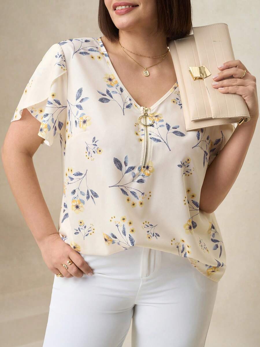 Chikora 加大码宽松V领短袖衬衫，适合夏季女士夏季衬衫夏季上衣女士工作衬衫夏季服装 - 彩色 - 查看 1