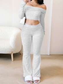 Zyxie Women 2pcs Set Off Shoulder Long Sleeve Cropped Top And Pants, Solid Color