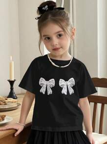 SHEIN Young Girl Ballet Style Lace Bow Graphic Short Sleeve Tee Shirt, Casual For Summer - Black - View 3