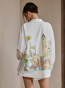 Anewsta 女士休闲宽松白色城堡刺绣超大长袖翻领衬衫上衣，春夏款 - 白色 - 查看 4