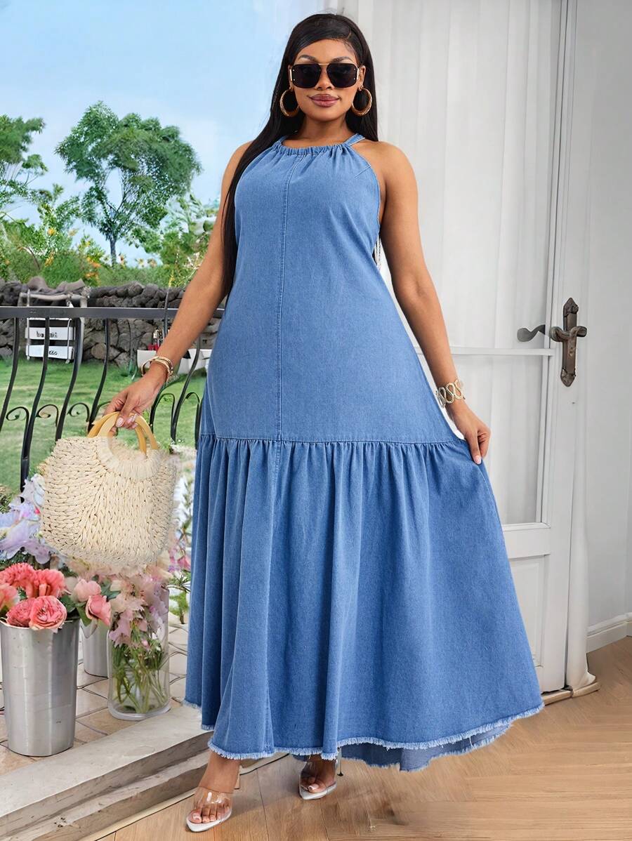 大码后背系带褶饰无袖休闲牛仔性感连衣裙 - 藍色 - 查看 1