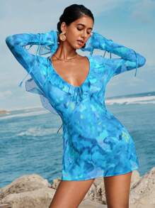 Opulessa Robe à manches longues pour femmes avec dos ouvert, ourlet volant, imprimé tie dye, pour les vacances