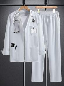 Manfinity Homme 2pcs Men's Uniform Outfit - Long Sleeve Pocket Solid Shirt & Elastic Waist Pants, Suitable For Medical/Healthcare - White - View 1