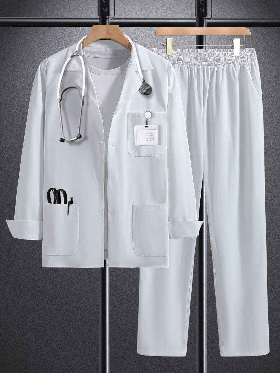Manfinity Homme 2pcs Men's Uniform Outfit - Long Sleeve Pocket Solid Shirt & Elastic Waist Pants, Suitable For Medical/Healthcare - White - View 1