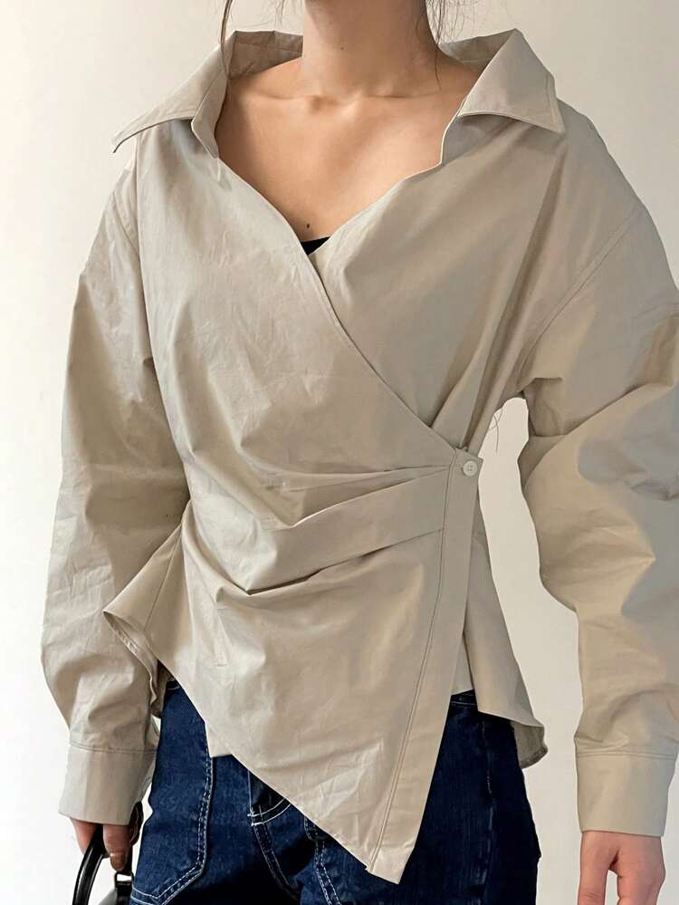 Women's Fashionable Solid Color Asymmetrical Hem Shirt With Lapel Collar Long Sleeve Top