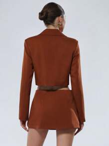 SHEIN Privé Women's Rust Brown Chic Office Summer 2 Pieces Set Double-Breasted Long Sleeve Blazer Jacket Coat & Decorated Button A-Line Mini Skirt College Style - Brown - View 3