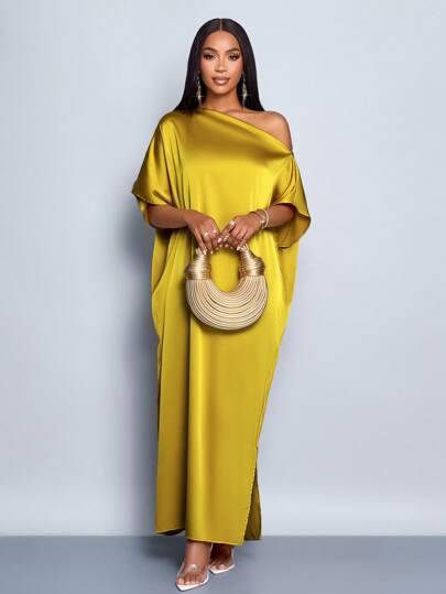 SOLERSUN Women's Elegant Asymmetrical Neck Solid Color Long Shoulder Strap Casual Satin Dress Yellow Satin Dress Satin Maxi Dress