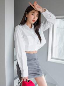 DAZY Camisa corta con botones y bolsillos dobles, blusas de manga larga, ropa de mujer de otoño