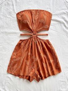 Soleia 女士棕色柳条叶纹理面料露肩镂空收腰连体裤，适合度假、海滩、音乐节、嬉皮士、派对、约会、下午茶 - 棕色 - 查看 3