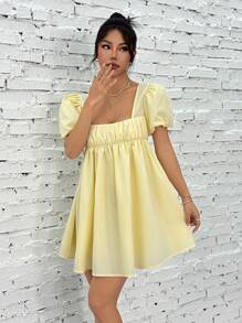 SHEIN EZwear 女士后系带泡泡袖迷你连衣裙 - 黃色 - 查看 5