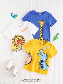 Cozy Pixies Set de 3 camisetas de manga corta cuello redondo suaves de punto con diseño de animales de dibujos animados para bebé niño
