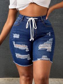 SHEIN SXY Plus Size Women Elastic Blue Denim Drawstring Ripped Biker Pants - Blue - View 2
