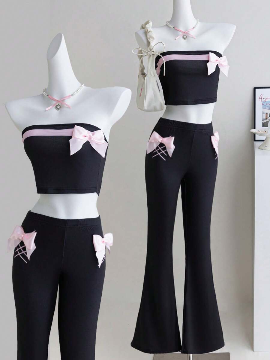 Teen Girls Tube Top With Bow Detail & Flared Pants Sets, Pink And Black Colorblock