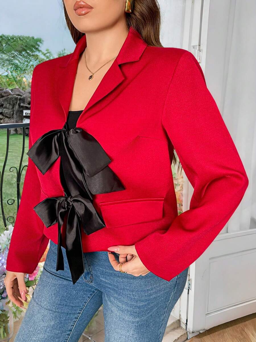 SHEIN Privé Plus Size Women Elegant Commuting College Style Romantic Back To School Party Sophisticated Afternoon Tea Date Bowknot Contrast Black & White Boxy Short Textured Fabric Long Sleeve Blazer For Autumn/Winter - Burgundy - View 1