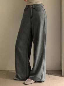 DAZY Solid Color Women's Loose Wide Leg Long Jeans - Grey - View 2