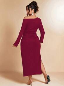 Cravure Đầm thanh lịch cổ không đối xứng màu trơn cỡ lớn cho nữ - Màu Đỏ Sâu - Xem 2
