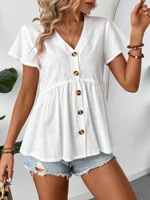 SHEIN LUNE Summer Women V-Neck Ruffle Trim Flounce Sleeve Ruched Hem Babydoll Style A-Line Shirt Leisure Vacation Open Front Blouse